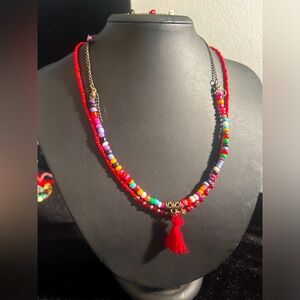 Multicolor two necklaces with red tassels Boho style Red colors Beaded star
